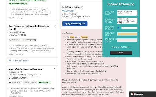 Highlight stop words on Indeed page  from Chrome web store to be run with OffiDocs Chromium online