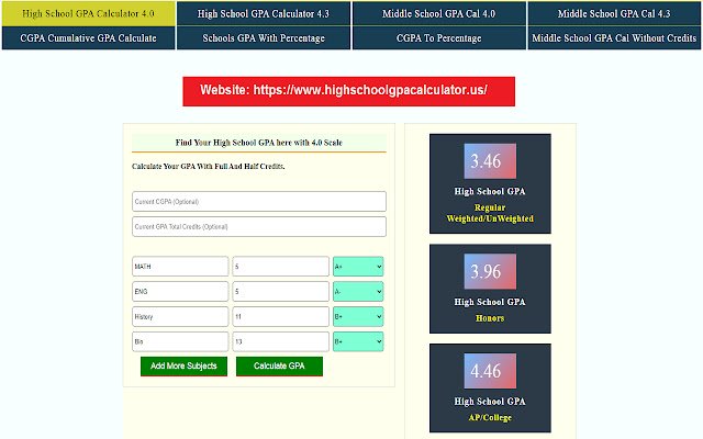 Calcolatore GPA delle scuole superiori dal negozio web di Chrome da eseguire con OffiDocs Chromium online
