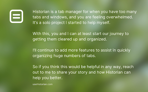 Historian Better Tab Manager  from Chrome web store to be run with OffiDocs Chromium online