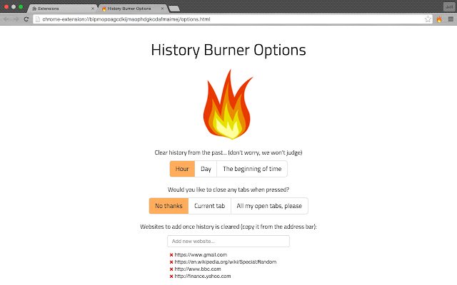 Chrome ウェブストアの History Burner を OffiDocs Chromium online で実行