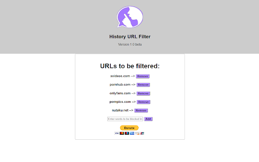 History URL Filter  from Chrome web store to be run with OffiDocs Chromium online