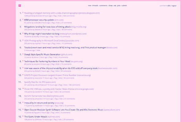 HNcute: A pretty pink Hacker News theme  from Chrome web store to be run with OffiDocs Chromium online
