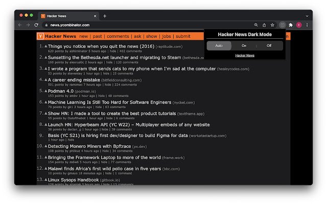 HN Dark Mode  from Chrome web store to be run with OffiDocs Chromium online