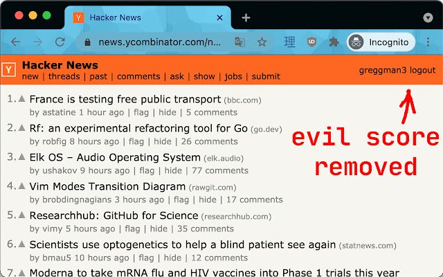 HN Points Exorcism з веб-магазину Chrome, який буде запущено з OffiDocs Chromium онлайн