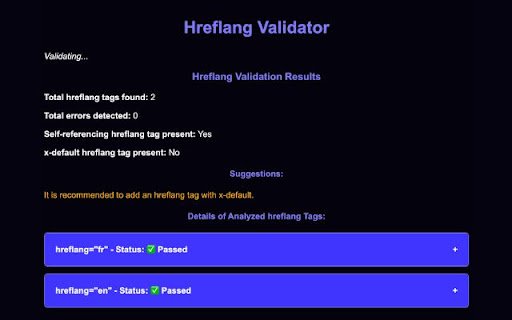 Hreflang Validator  from Chrome web store to be run with OffiDocs Chromium online