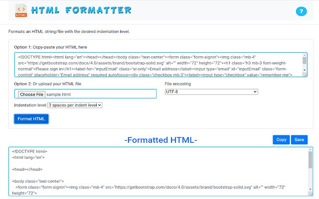 HTML-Formatierer aus dem Chrome-Webshop zur Ausführung mit OffiDocs Chromium online