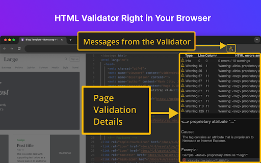 HTML Validator  from Chrome web store to be run with OffiDocs Chromium online