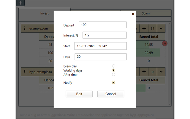 HYIP notification and alert  from Chrome web store to be run with OffiDocs Chromium online