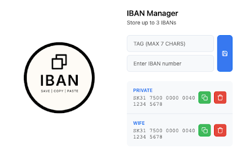IBAN Saver  from Chrome web store to be run with OffiDocs Chromium online