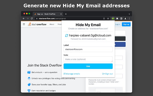 iCloud Hide My Email de Chrome web store para ejecutarse con OffiDocs Chromium en línea