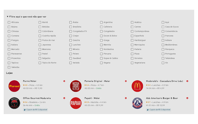 OffiDocs Chromium online で実行される Chrome Web ストアの ifood Filtros Avançados