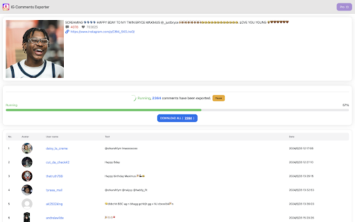 IG Comments Exporter  from Chrome web store to be run with OffiDocs Chromium online