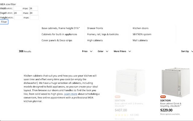 IKEA size filter  from Chrome web store to be run with OffiDocs Chromium online