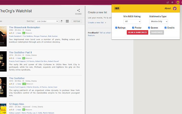 IMDB Watchlist Randomizer de la boutique en ligne Chrome doit être exécuté avec OffiDocs Chromium en ligne