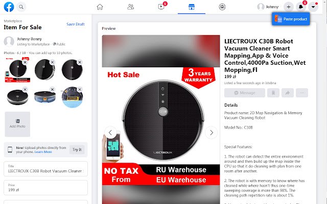 Import Aliexpress product to Facebook  from Chrome web store to be run with OffiDocs Chromium online