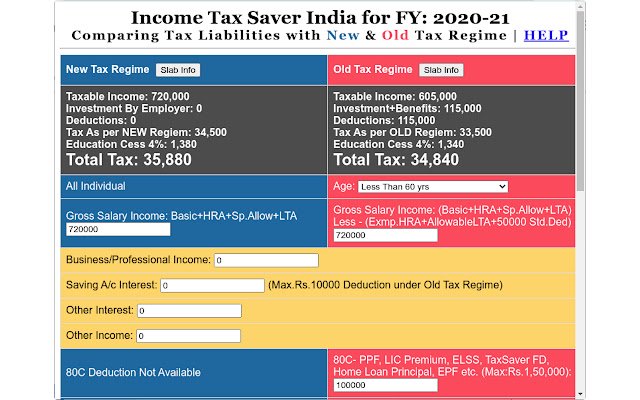Calculatorul de economisire a impozitului pe venit India din magazinul web Chrome va fi rulat cu OffiDocs Chromium online