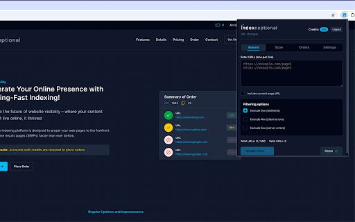 Indexceptional URL Manager  from Chrome web store to be run with OffiDocs Chromium online