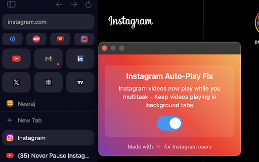 Instagram Auto Play Fix  from Chrome web store to be run with OffiDocs Chromium online