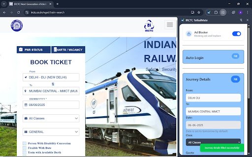 IRCTC TatkalMate  from Chrome web store to be run with OffiDocs Chromium online