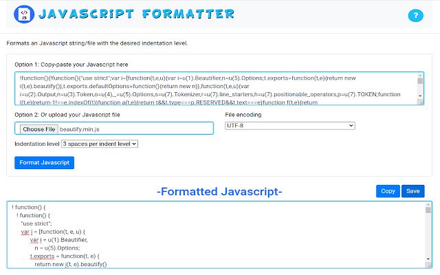 Javascript Formatter  from Chrome web store to be run with OffiDocs Chromium online