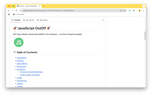 JavaScript On/Off  from Chrome web store to be run with OffiDocs Chromium online