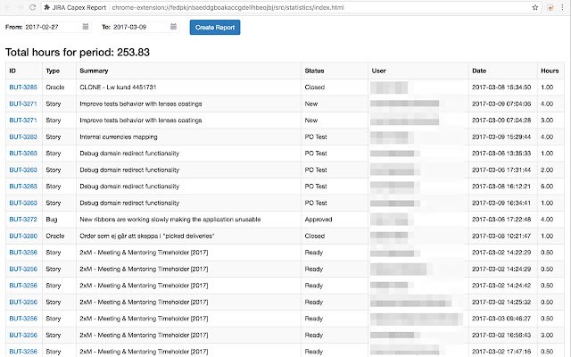 JIRA Capex Report จาก Chrome เว็บสโตร์ที่จะรันด้วย OffiDocs Chromium ทางออนไลน์