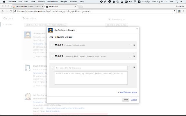Jira Followers Groups  from Chrome web store to be run with OffiDocs Chromium online