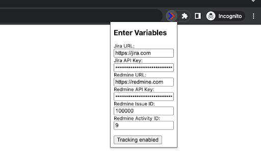 Jira to Redmine time tracker  from Chrome web store to be run with OffiDocs Chromium online