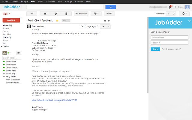 JobAdder para Gmail™ de Chrome web store se ejecutará con OffiDocs Chromium en línea