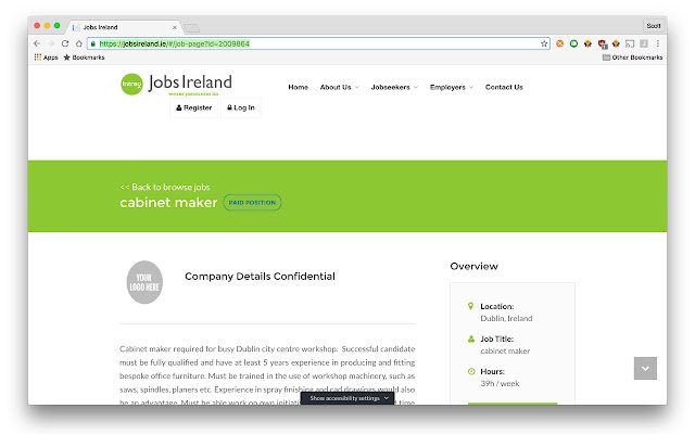 El marcador de Jobs Ireland de la tienda web de Chrome se ejecutará con OffiDocs Chromium en línea