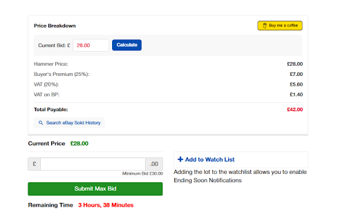 John Pye Auction Fee VAT Calculator  from Chrome web store to be run with OffiDocs Chromium online