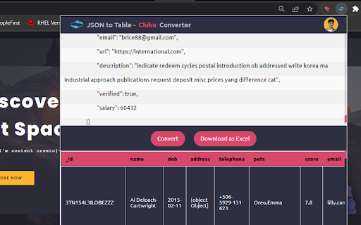 JSON to Table Converter Chiku Converter  from Chrome web store to be run with OffiDocs Chromium online