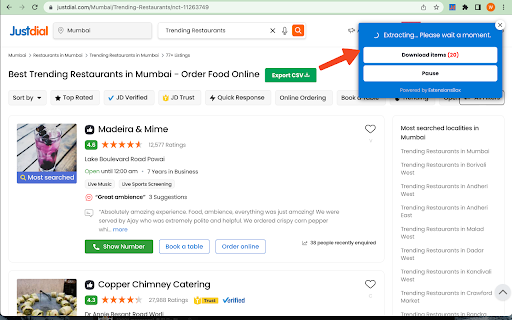 Justdial Data Scraper  from Chrome web store to be run with OffiDocs Chromium online