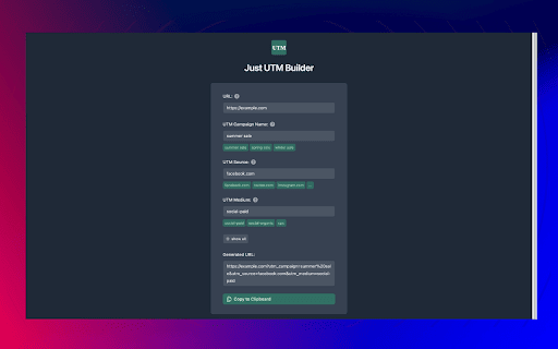 Just UTM Builder from Chrome web store to be run with OffiDocs Chromium online Just UTM Builder from Chrome web store to be run with OffiDocs Chromium online