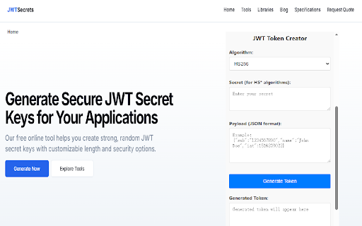 JWT Secrets  JSON Web Token Generator  from Chrome web store to be run with OffiDocs Chromium online