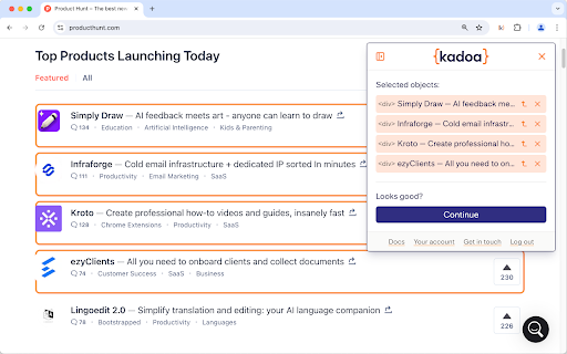 Kadoa AI Web Scraper  from Chrome web store to be run with OffiDocs Chromium online