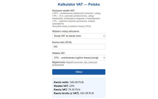 Kalkulator VAT Polska  from Chrome web store to be run with OffiDocs Chromium online