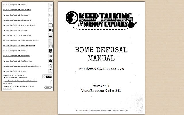 Keep Talking and Nobody Explodes manual menu  from Chrome web store to be run with OffiDocs Chromium online