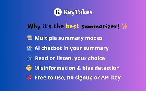 KeyTakes: Summarize Webpages  YouTube  from Chrome web store to be run with OffiDocs Chromium online
