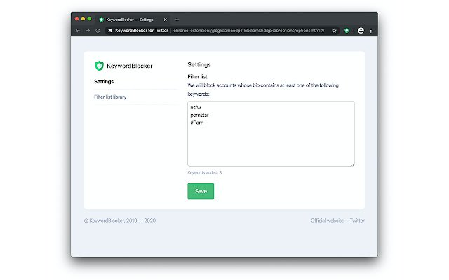 KeywordBlocker for Twitter  from Chrome web store to be run with OffiDocs Chromium online