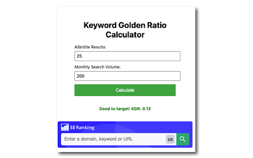Keyword Golden Ratio Calculator Tool  from Chrome web store to be run with OffiDocs Chromium online