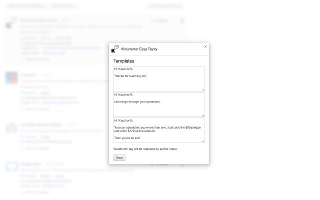 Kickstarter Easy Reply  from Chrome web store to be run with OffiDocs Chromium online