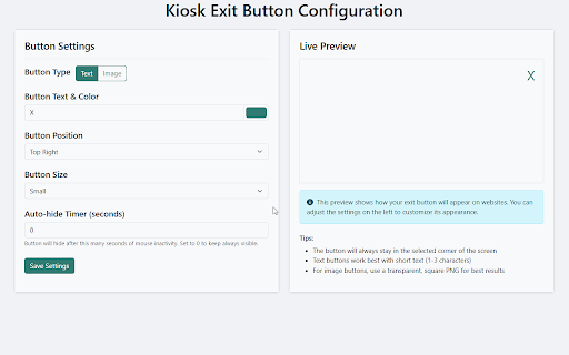 Kiosk Exit Button  from Chrome web store to be run with OffiDocs Chromium online
