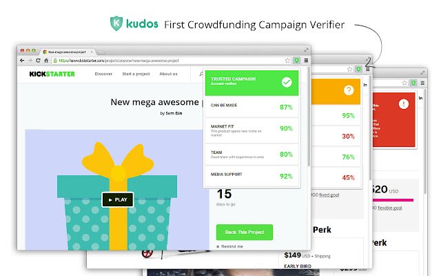Chrome ウェブストアの Crowdfunding Campaign Verifier が OffiDocs Chromium online で実行されることを称賛