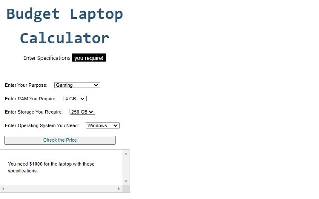 Laptop Budget Calculator  from Chrome web store to be run with OffiDocs Chromium online