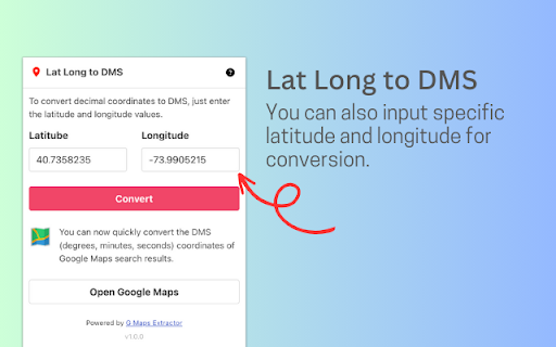 Lat Long to DMS Latitude Longitude Convert from Chrome web store to be run with OffiDocs Chromium online Lat Long to DMS Latitude Longitude Convert from Chrome web store to be run with OffiDocs Chromium online
