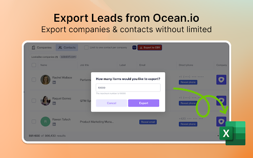 Lead Exporter for Ocean.io from Chrome web store to be run with OffiDocs Chromium online Lead Exporter for Ocean.io from Chrome web store to be run with OffiDocs Chromium online