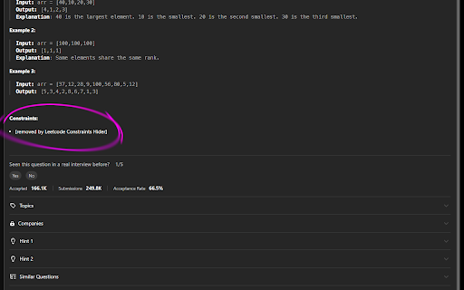 Leetcode Constraints Hider  from Chrome web store to be run with OffiDocs Chromium online