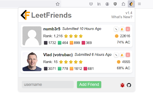 LeetFriends  from Chrome web store to be run with OffiDocs Chromium online
