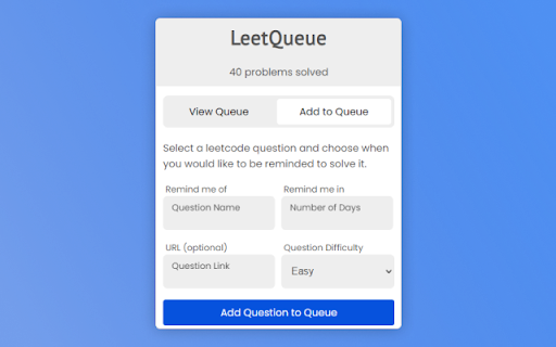 LeetQueue  from Chrome web store to be run with OffiDocs Chromium online